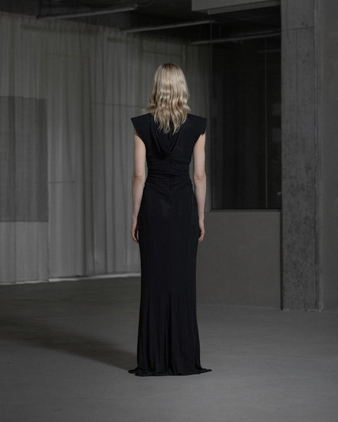 Heavy Crepe Jersey Hooded Dress - Anthracite Black