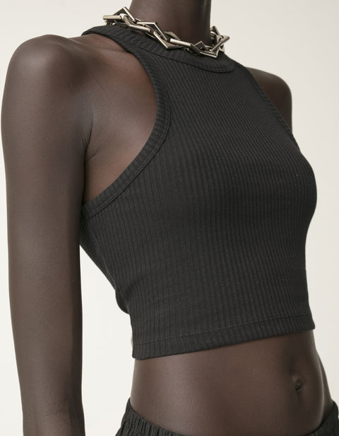 Ribbed Cropped Racer Top - Black