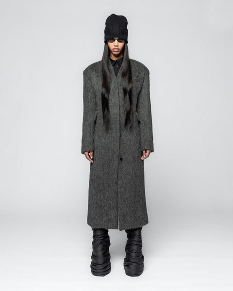 Wool Curved Collar Coat - Grey